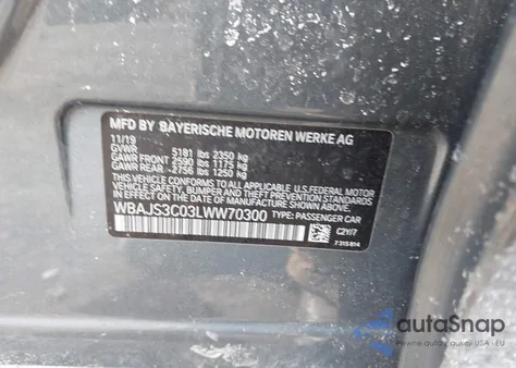 2020 BMW 540I xDrive z USA, uszkodzony, nr VIN WBAJS3C03LWW70300